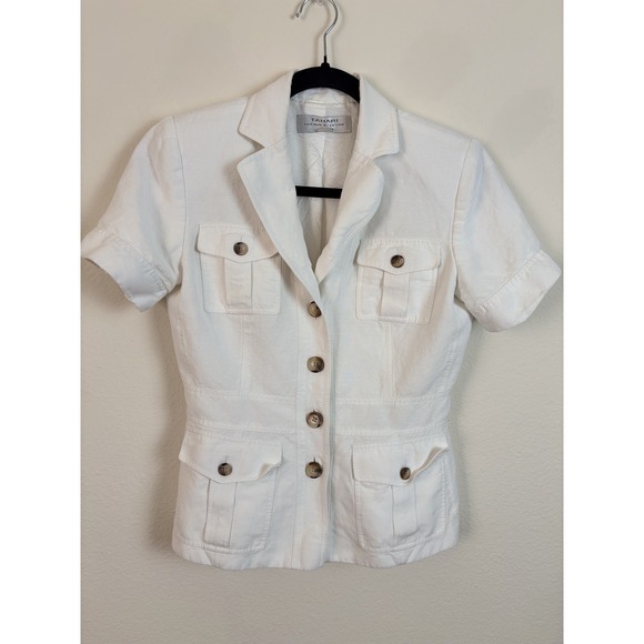 Tahari Linen Sheath Sz 4 White Jacket Short Sleeve‎ Button Pockets Lightweight - Picture 1 of 11